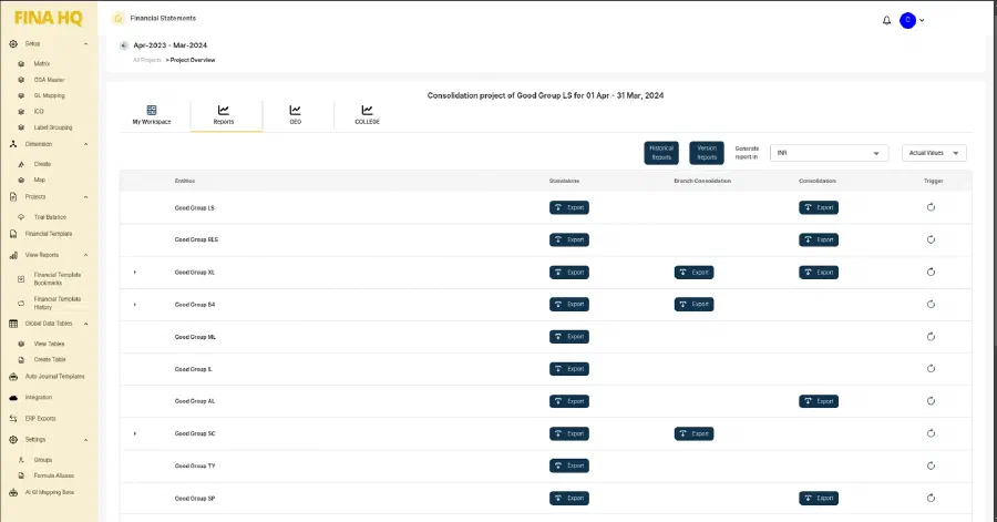 The FINAHQ reports tab for a Good Group project, with export buttons per company for standalone, branch consolidation and consolidation.