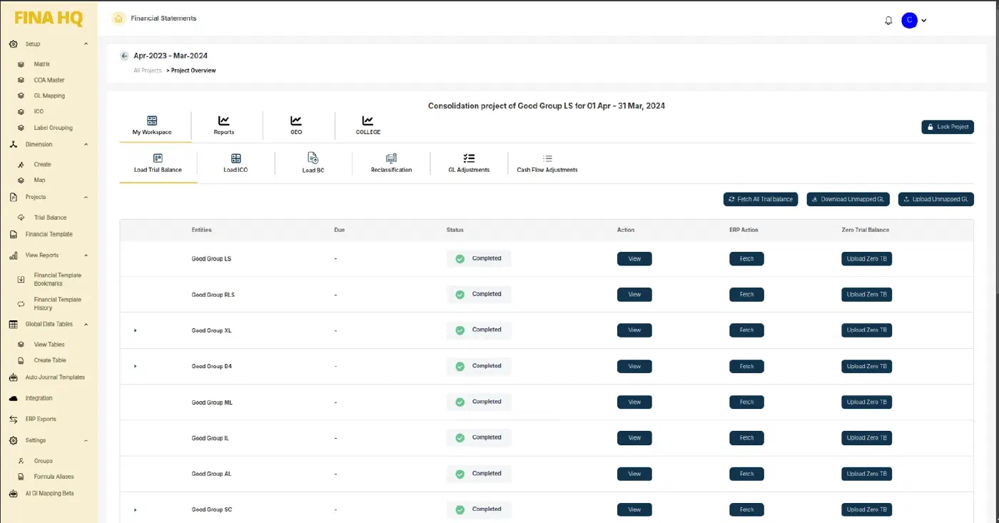 The FINAHQ workspace for a Good Group consolidation project, with tabs for trial balances, intercompany, reclassification and adjustments, and a list of companies each marked Completed.